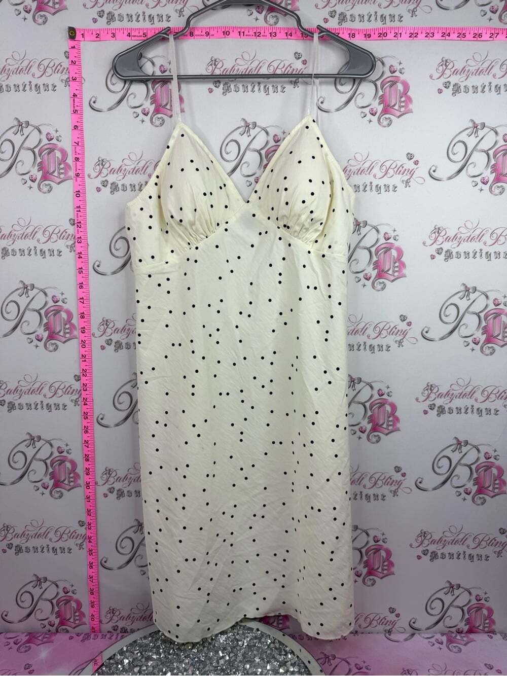 Simons ICONE dress dotted Cream Slip Dress with Black Polka Dots